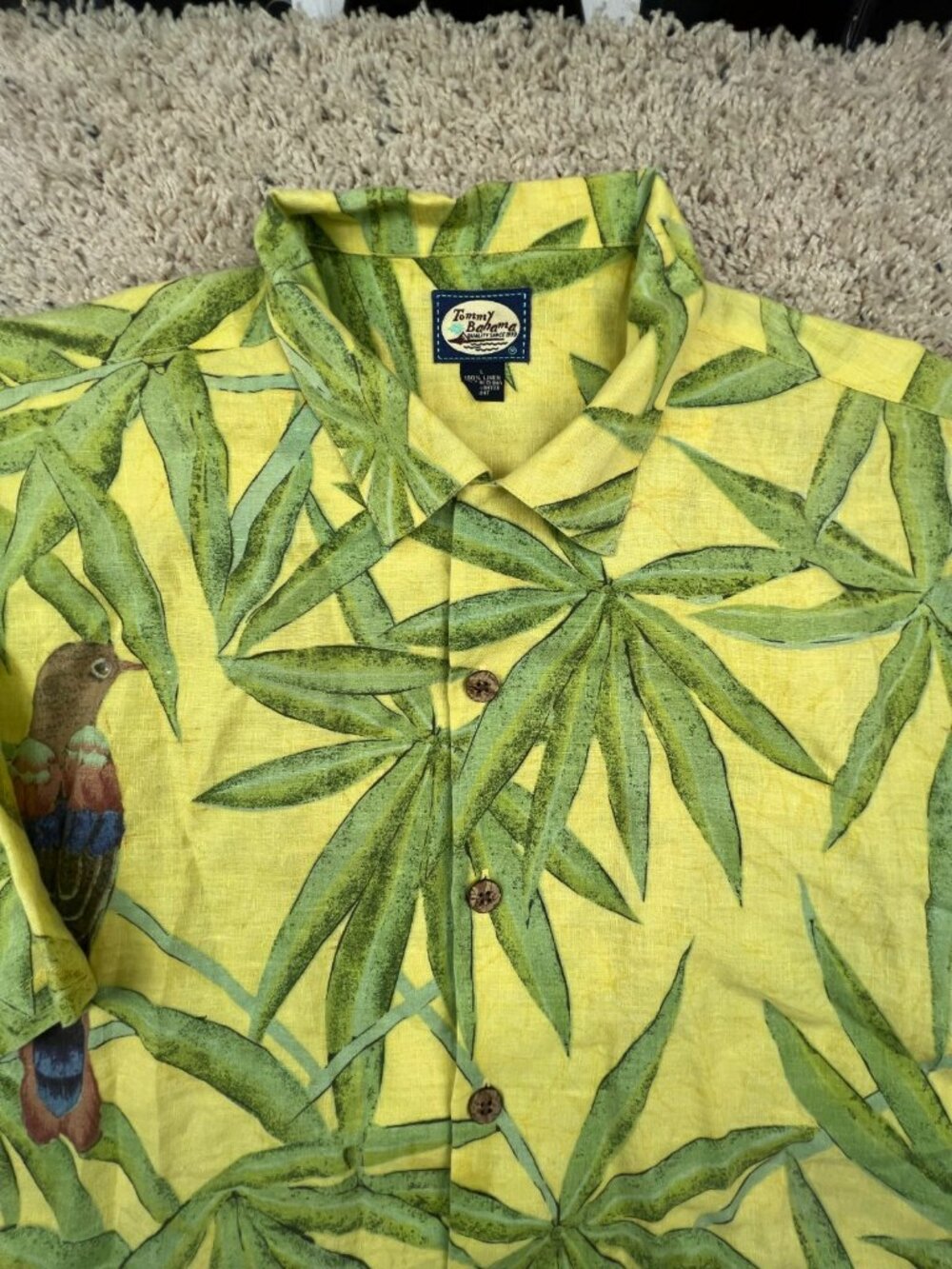Tommy Bahama ALL LINEN Hawaiian Button Up Camp Shirt Large FLORAL BIRD YELLOW